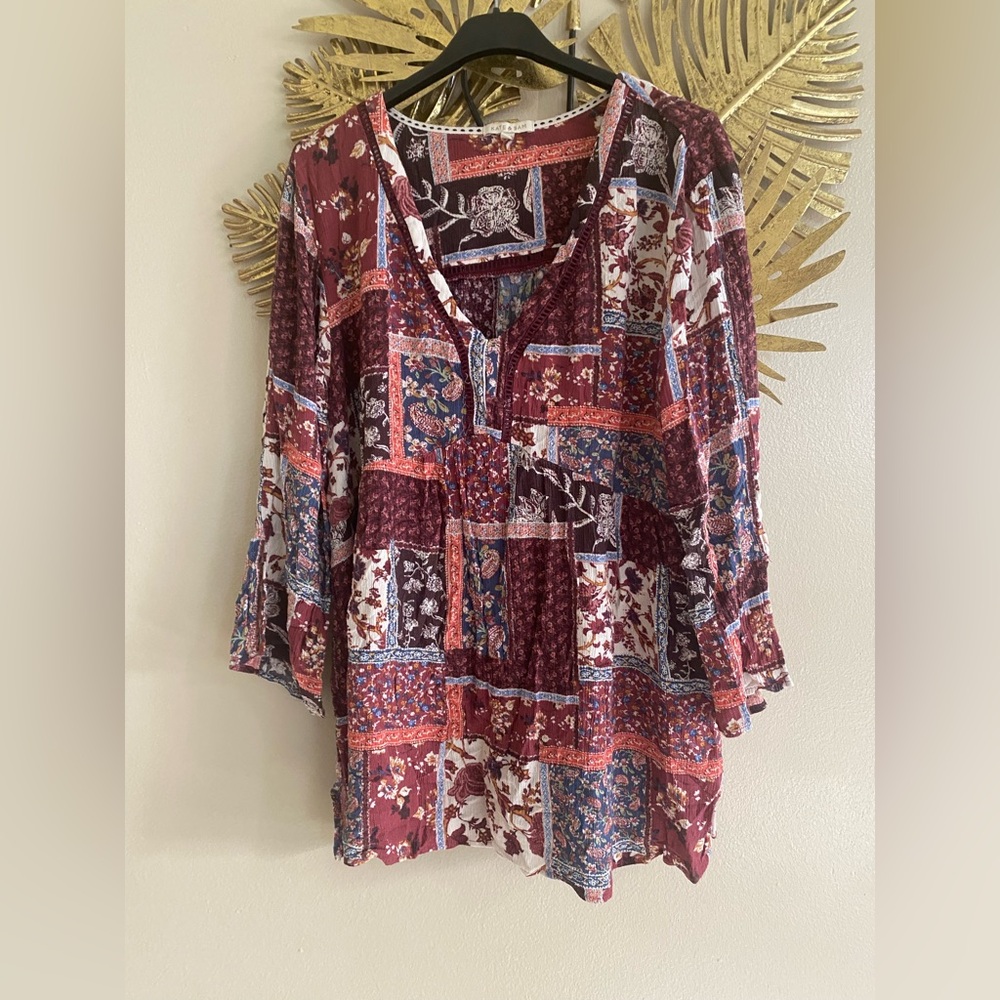 Chic Patchwork Blouse - Burgundy and Blue